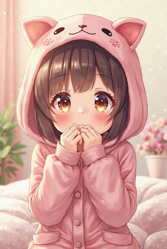 anime,  Female character , pink pajamas with axolotl hat, Clutching her face
