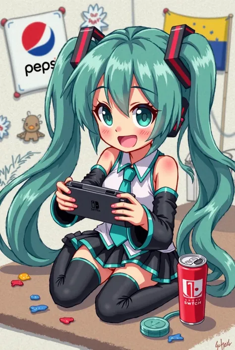 Hatsune Miku playing on a Nintendo Switch while drinking a Pepsi in a cartoon sketch style shouting long live Venezuela! 