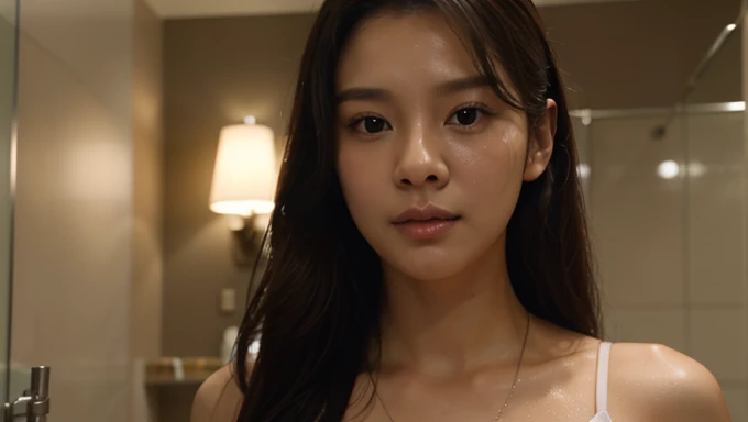 Korean 20 year old handsome brother holding Japanese 20 year old beauty face behind woman behind close up camera,  Great scene from the movie   ,  Film Screenshot , Lee Byung-hun, Song Ji Hyo， Film Screenshot ,  movie scene cool room off the hotel, Movie T...