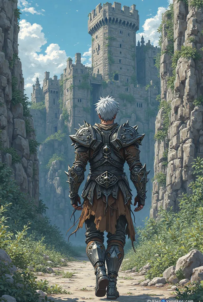 An anime-style boy with gray hair in a short hair style, an impression on him. He has a muscular body, is wearing prickly full-body armor, and is walking near a huge castle that is falling apart