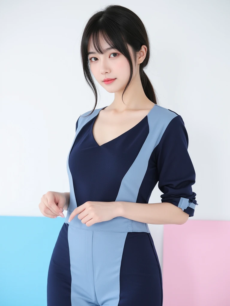  22-year-old Japanese woman , 「 Proof Photo」, Tie 1 black hair at the back, 3 types of backgrounds: plain white, blue, and light pink, Wearing a recruitment suit, Light makeup,  face and body facing the front , The body is only shown above the shoulders, B...