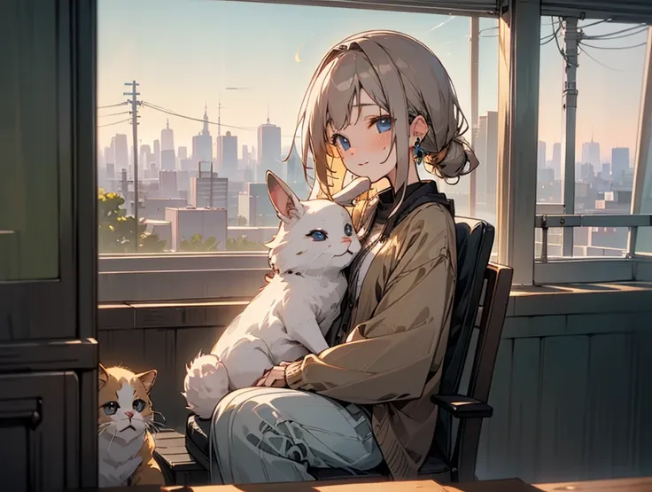 girl and rabbit soaked in the radio、
age girl、Alone、 cute face、 Gold、 blue eyes、slightly pale pink lips、
Ivory loose knit、moss green corduroy wide pants、dark brown long cardigan、small silver star earrings、beige fluffy slippers、loosely wrapped low ponytail、...