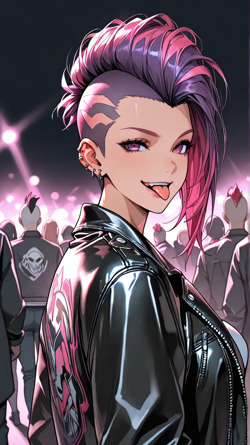 anime, Group of biker girls,    different hair colors ,   mohawk hairstyle , Leather jacket,  toy, piercing,  large jacket, large ,  , looking at the audience, Rebellious smile ,  tongue out,  simple background,   dark background 