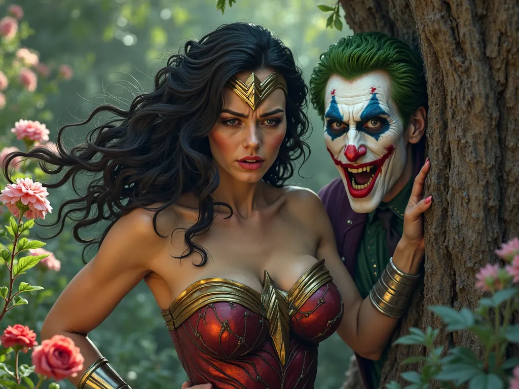 Wonder woman Against tree, Breast squish, Hand on tree, Breasts on tree , joker at her back,at flower garden, wonder woman is crying loudly. 