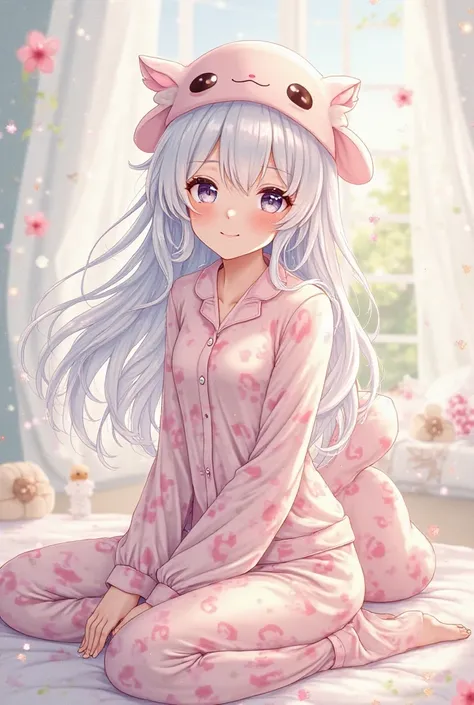 anime,  Female character , white hair, axolotl pajamas with axolotl cap 