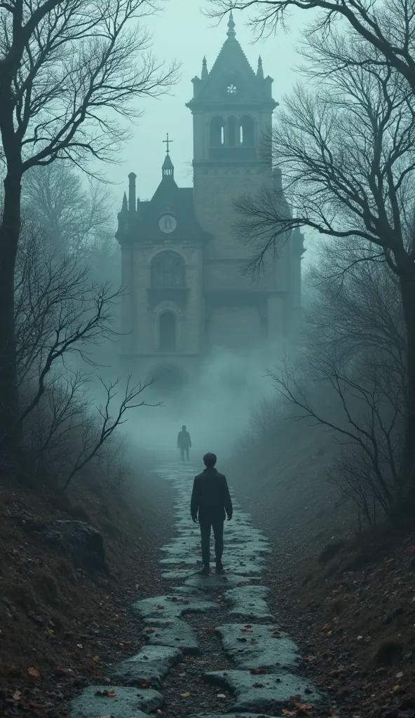 Illustrate a mysterious, abandoned pathway leading away from the haunted mansion, shrouded in fog and darkness, symbolizing the disappearance of the young man, leaving only whispers of his fate behind.