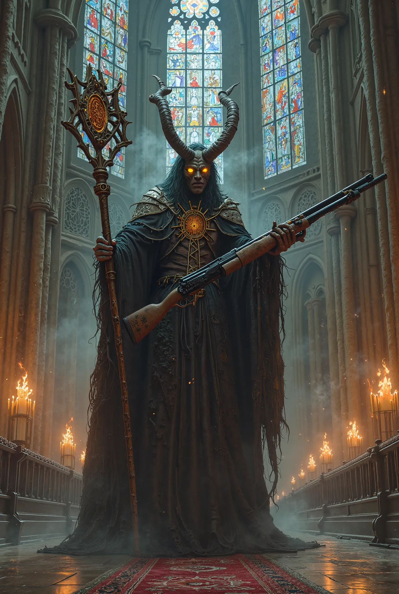 An old demon lord holding a staff and an old sacred shotgun stands at a post in a Christian cathedral.