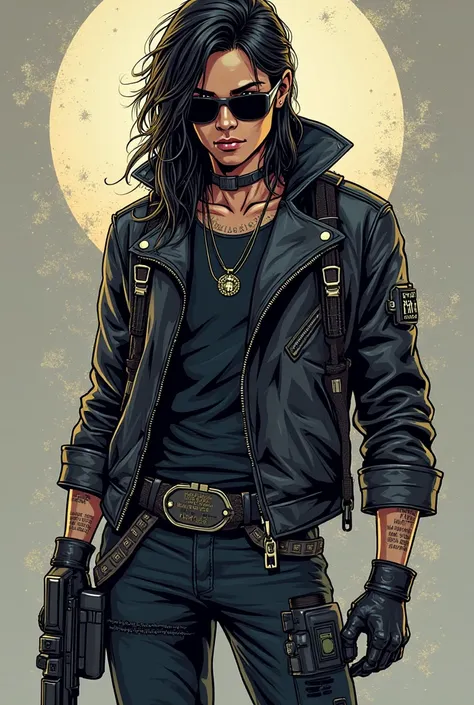 Cartoon character design for shirt screen 
"rogue" — The Planner and Sniper of the Shadows
The: Human Adapted Cybernetics
Characteristic: wears black sunglasses, long hair, rocker style. Old but cool leather jacket.
Weapons: Energy Rifle + Adapted Double H...