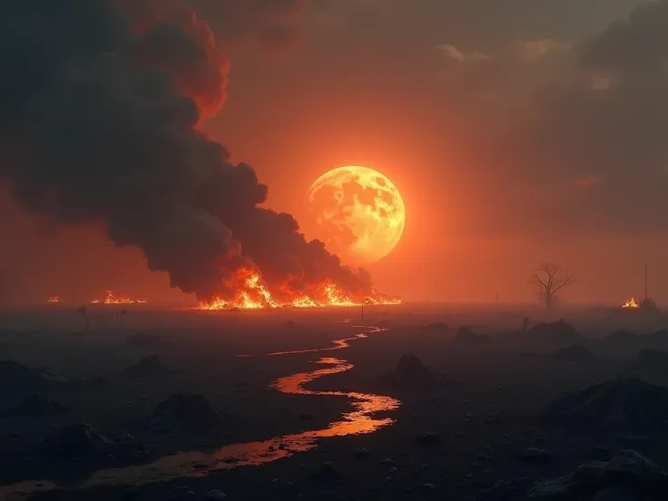 A striking background depicting Earth covered in flames, continents glowing with embers, and smoke-filled skies, representing the devastation of unchecked climate change and environmental neglect.