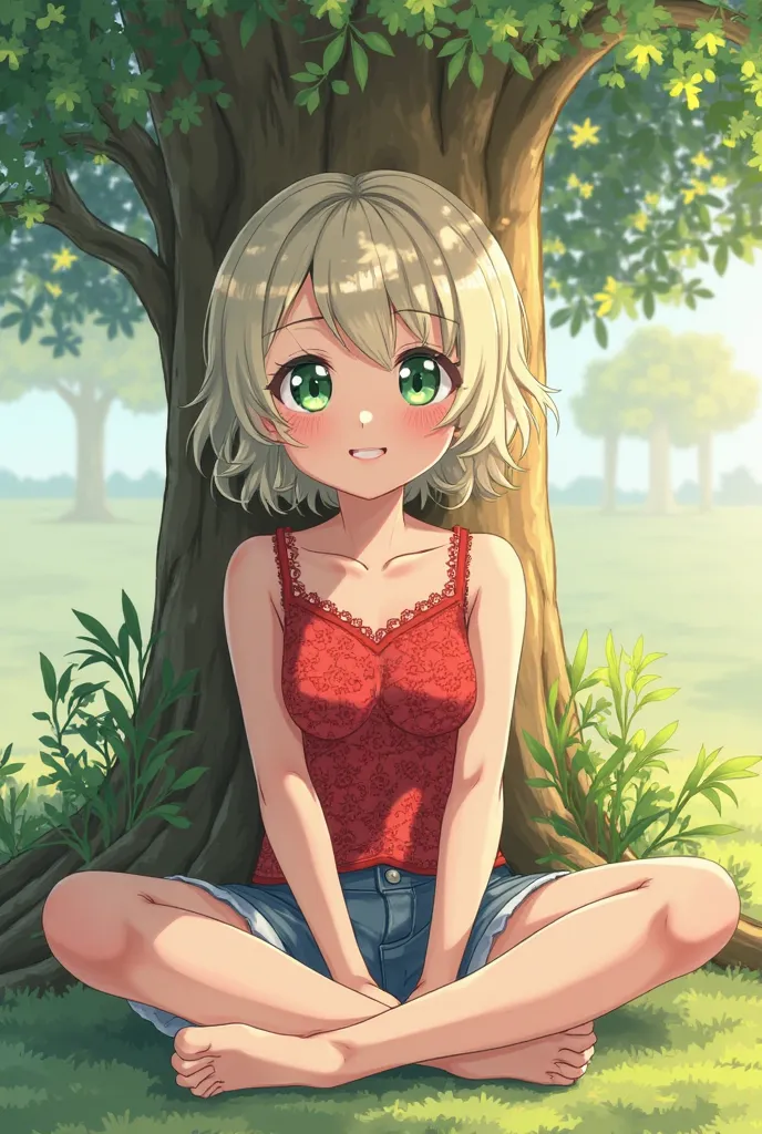 1girl, a young girl sitting under a tree. She has short, wavy light-colored hair and large green eyes. She wears a vibrant red lace top and denim shorts. The girl sits cross-legged with a relaxed posture. The background should be filled with lush greenery ...