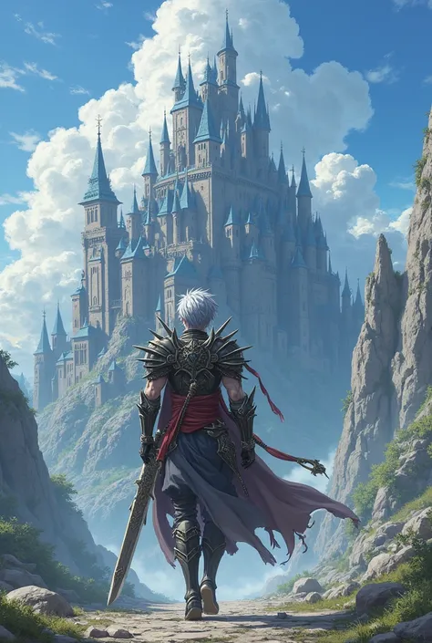 An anime boy in the style of a Japanese anime, has gray hair with a short hair style, and has a dreamy impression. He has a muscular body, is wearing prickly full-body armor, and is carrying a huge sword. He is walking near a huge castle that is falling ap...