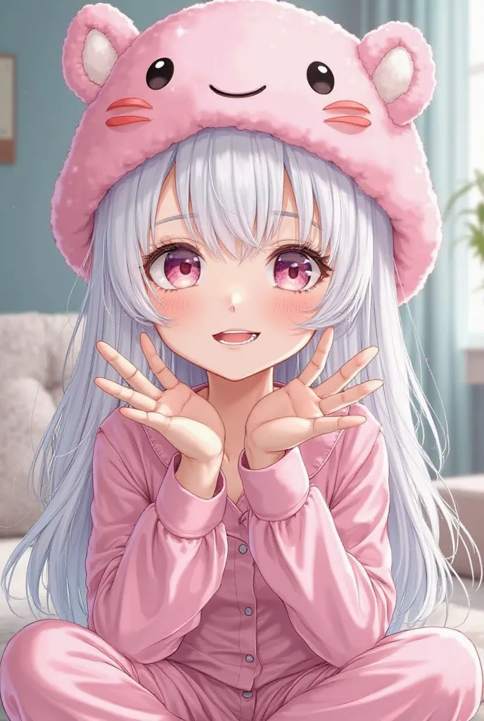 anime,  Female character , white hair pink pajamas, pink axolotl hat making hand gestures