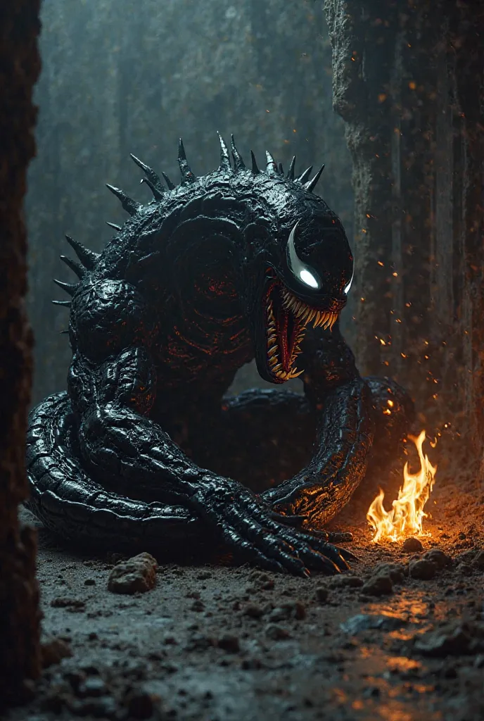 Venom is lying in a dark room and fire is near him