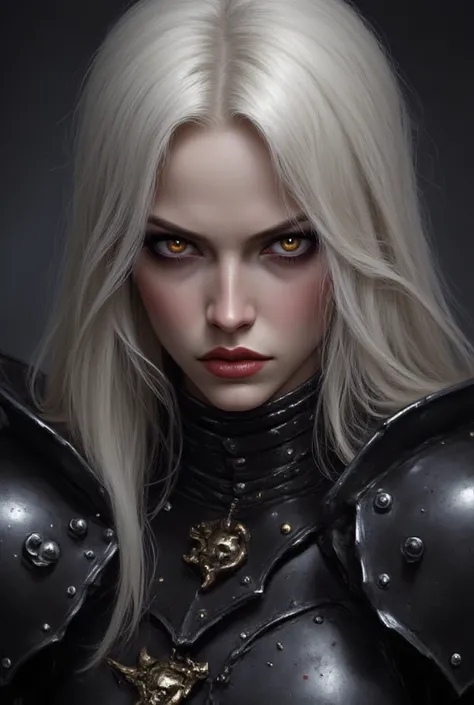 Strong woman, angry seriuos face, long white hair, wearing black heavy armor, closed armor, red eyes, detailed face, Low collar,