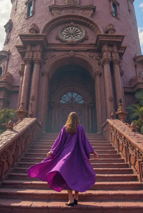 A woman in a bright purple robe on the steps of a huge chocolate factory 