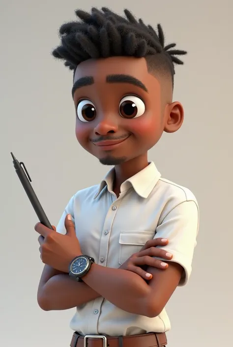 Create a medium-bodied character (  From the waist up ),  by Costa, in 3D in the Disney style, negro, brown-skinned and with short hair cut short Undercut only sideways in Afro style. With a white shirt and a brown watch, holding a black digital pen, black...