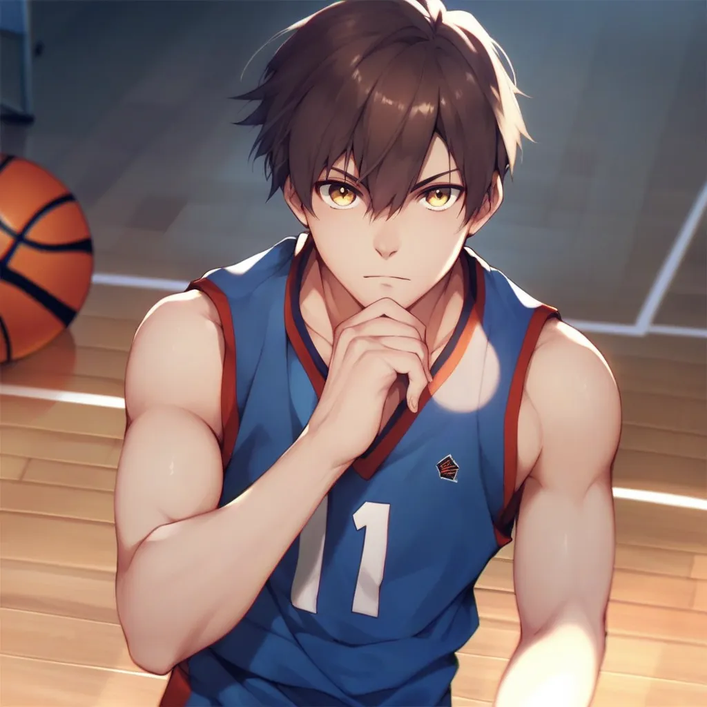 animated, expressive ,background, Basketball court, red basketball uniform,  sleeveless 
// leaning against the wall , 1st son,  solo male ,  male-centered, Looking at the viewer
//message, brunette,yellow eyes,Hair between the eyes,  short hair,