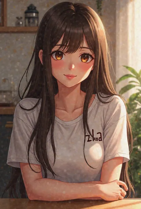 Long brown-haired girl, style sitting in a cafe art realism, Perfect ,  HD realistic, Tifa Lockhart brunette, hyper  realistic shadow  , photogaya realism art, 🌺 CG Society ,  realistic shadow  , rich in detail , Style HD Wearing a white t-shirt in a shirt...