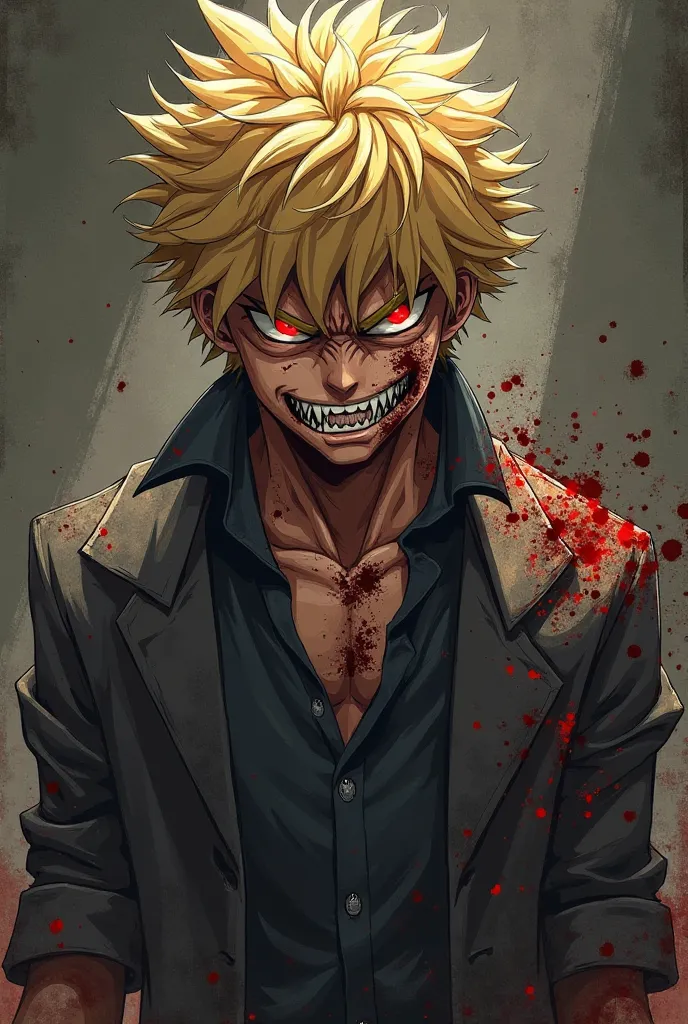 a drawing of bakugo from my hero academy, with a very sinister or macabre drawing style with a lot of blood but that looks quite similar to the character