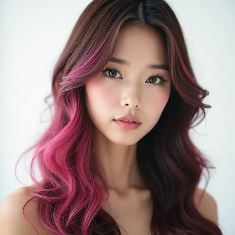 Korean female model with long brown hair and pink dye，Professional shooting in a white background studio