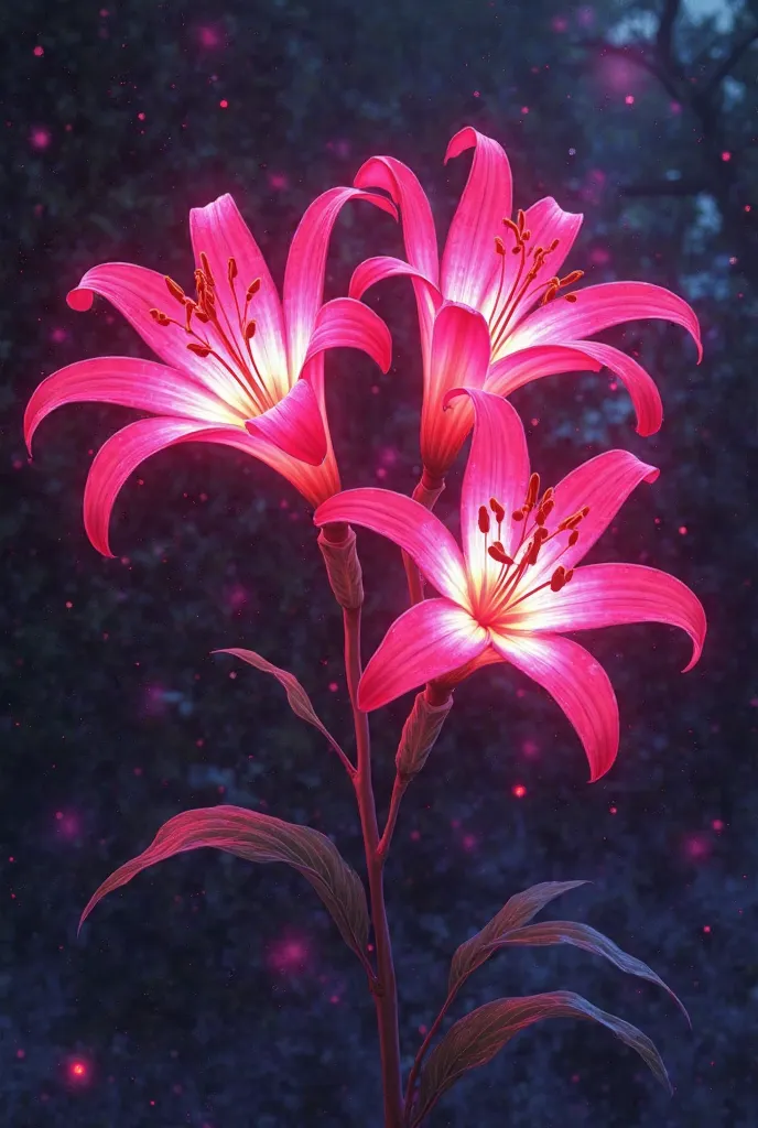 A highly detailed anime-style illustration of Lycoris Radiata (red spider lilies) with glowing neon pink petals. The flowers appear ethereal and otherworldly, radiating a soft phosphorescent glow that illuminates their delicate, curved petals and thin, ele...