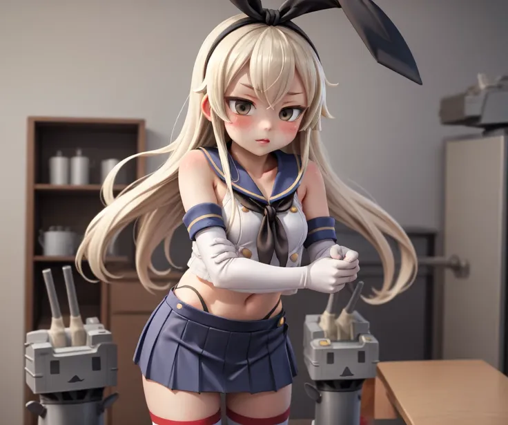 shimakaze, robot, turret, skirt, holding, cowboy shot, blonde hair,, masterpiece, best quality, highly detailed