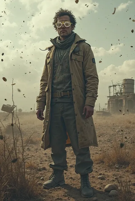 The model image of a farm in a desolate future, with dust flying everywhere. model wears glass sunglasses with stars and the moon on the glass