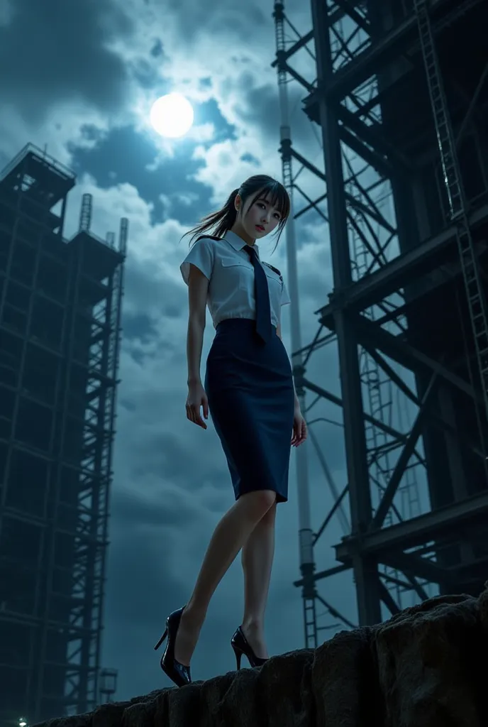 ((Sexy beautiful Japanese woman, a self defense officer uniform, wearing a white short-sleeved shirts, navy blue tie, navy blue pencil skirt, Black patent high heels, epaulette):1.5), beautiful hip-line, Beautiful thighs, brown hair, low ponytail, floating...