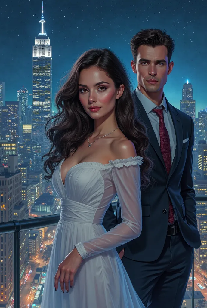 A dramatic illustration featuring a young, elegant woman with a captivating beauty, dressed in a white or deep maroon business dress, symbolizing her authority as a powerful CEO. Behind her stands a handsome man in a sleek black suit, his face partially hi...