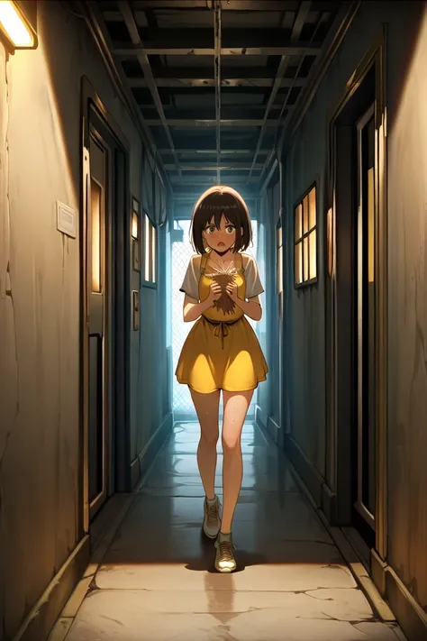 ((((  masterpiece)))), (((( top quality made of straw)))),  high definition,fine grain, detailed faces,1 girl,handsome,short hair, Gold, tense expression,fear,sweat,Inside the Western-style building,corridor, escape,run, anime,