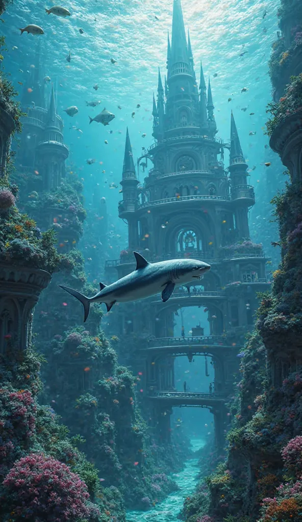 Under sea beautiful city Shark walking 