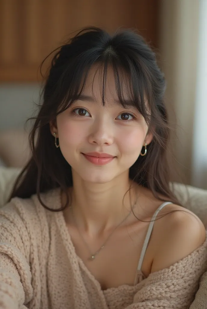 “Hyper-realistic, photographic image of a 19-year-old Japanese girl with natural bangs that are parted and light black hair that is softly voluminous yet straight. She is smiling naturally. Her nails are unpolished with a natural color, and she is not wear...