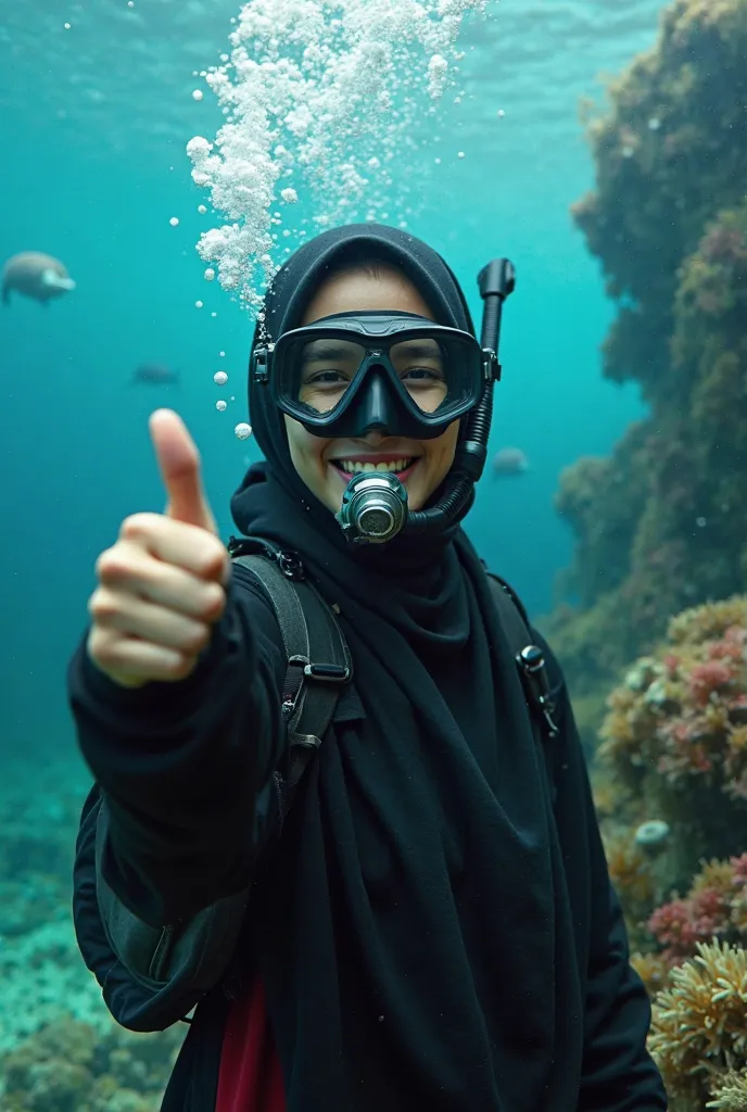 Realisticphoto, Hyper-realistic 8k image
Full body, a beautiful dutch young woman, smile, wearing black hijab, wearing equipment squba diving, oxigen masker, tabung oxigen, flying swiming, thumb up to camera front oxigen bubble out from in a mouth and nois...