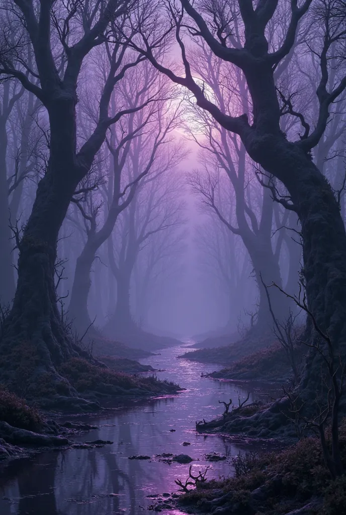 a dark swamp , big trees and a purple darkness