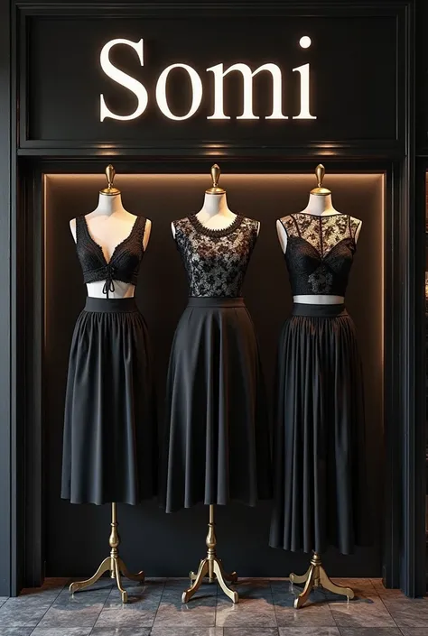 Create a black clothing store sign with the name Somi and have a picture of black clothes, Vietnamese-style clothes for little women, skirts and other outfits.