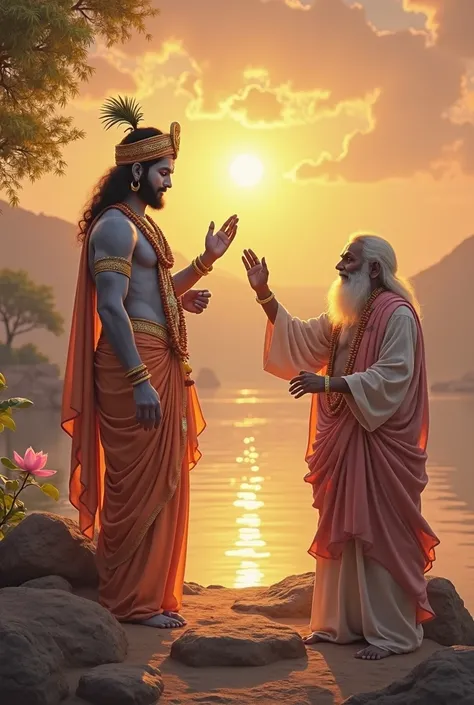 Sunset at chitrakut ghat and shree hari ram with his Dhanush Ban giving blessings to Tulsidas he is sitting in lotus feet of ram with hanuman ji and a tulsidas is very happy after seeing lord Ram and seems to be like realistic ani in treata yug 