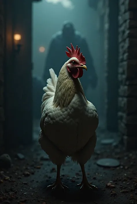 Cinematic imag of chicken alive in dark theme 