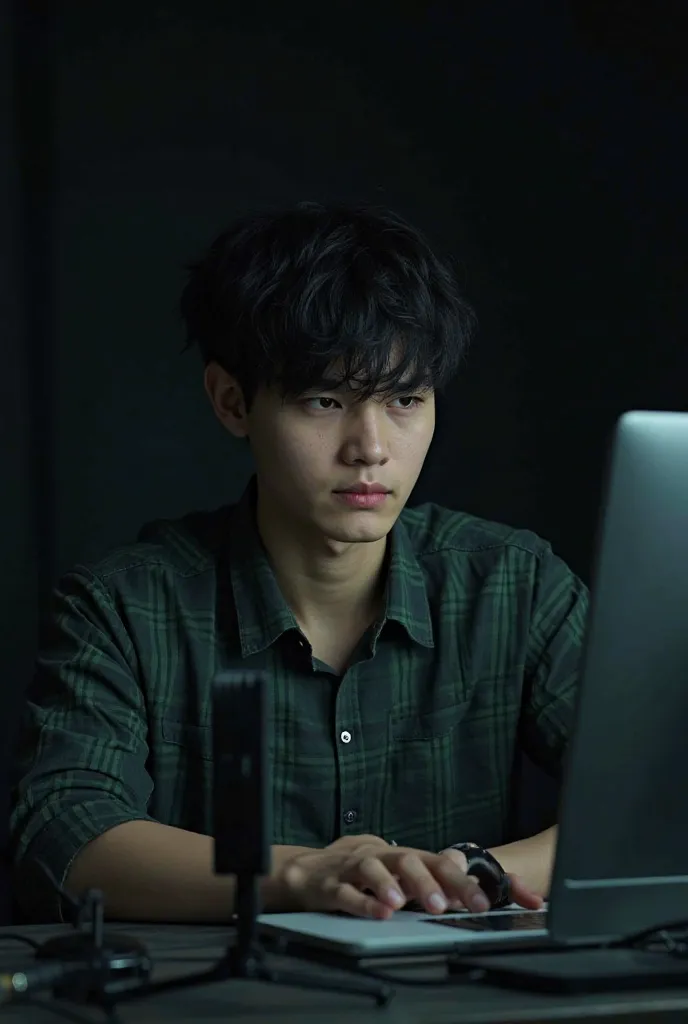 A 21 year old boy sitting in front of a computer deska mic and laptop He is wearing a green checked shirt and has black hair and is included in a black themed background