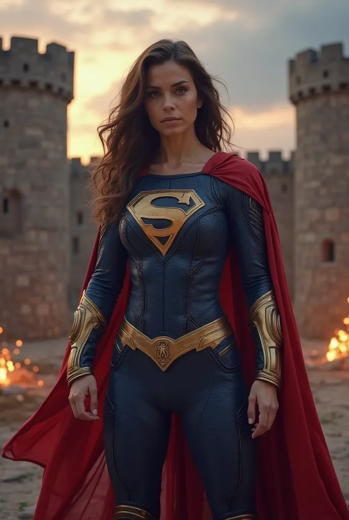 A powerful female superhero with a unique design, standing confidently in a dramatic setting. She wears a sleek, form-fitting blue and gold suit with a flowing red cape and armored gauntlets. Her emblem is a new, original symbol representing strength and j...