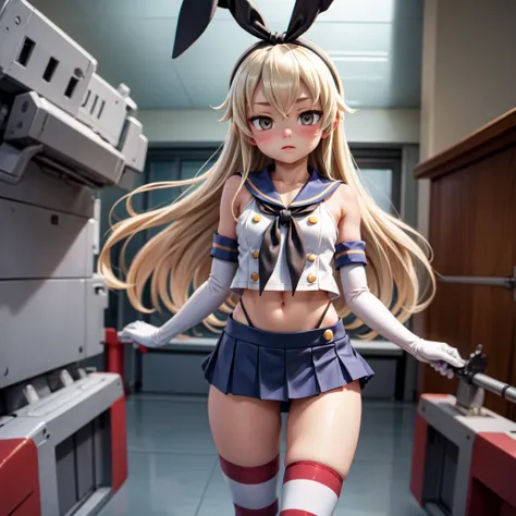 shimakaze, robot, turret, skirt, holding, cowboy shot, blonde hair,, masterpiece, best quality, highly detailed