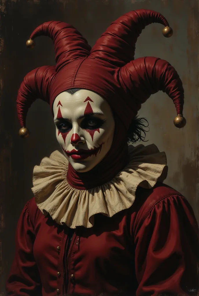 illustration,
A medium, slightly downward-angled shot presents a digital painting of a figure wearing a jester or harlequin mask, rendered in a dark, painterly style with visible brushstrokes and a muted color palette. The figure's Body pose is facing forw...