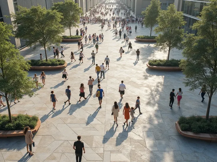 A patterned pavement with alternating wide and narrow sections: crowds speed up on open areas and slow where paths narrow between raised planters. Show pedestrian congestion and flow dynamics.