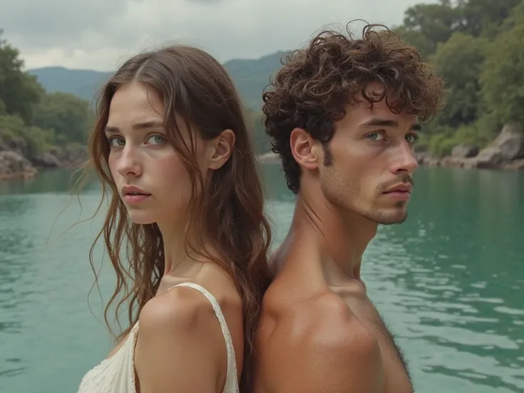 Ancient Greece couple at riverside lake, back to back, separated by glass, the man is 21 years old, he is tall, he is 1.83m tall, he has a defined body, pale skin, short, curly brown hair, he has blue eyes and is looking straight ahead with arrogant expres...