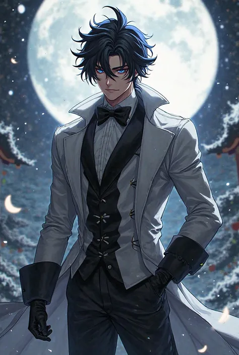 The anime image you describe is a picture of a man with a large, tall figure and striking V-shaped muscles. He has black hair and clearly contrasting white hair, giving him a unique look. His face is handsome and cool looking, conveying mystery and inner s...