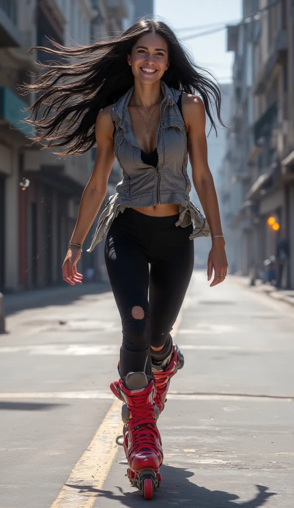  beautiful young lady  ，smiles brightly，with a cool ， with long wavy black hair and light olive skin 。 Ella in a vest and leggings ， glides down an empty street wearing red rollers。