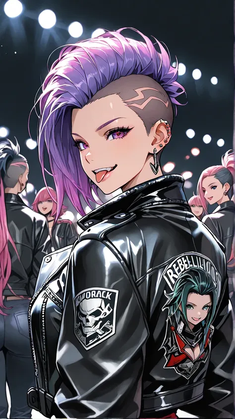 anime, Group photo of biker girls,    different hair colors ,   mohawk hairstyle , Leather jacket,  toy, piercing,  large jacket, large ,  ,  looks at the audience , Rebellious smile ,  tongue out,  simple background,   dark background 