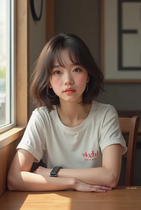 Gadis jepang berkulit putih be brunette  panjang, cafe sit-down style ,Perfect ,  realistic ,  brunette , hyper realistic shadow , photogaya realism art, , rich in detail , Wearing a white t-shirt on a shirt with a name on it"zha" Style 8k.HD