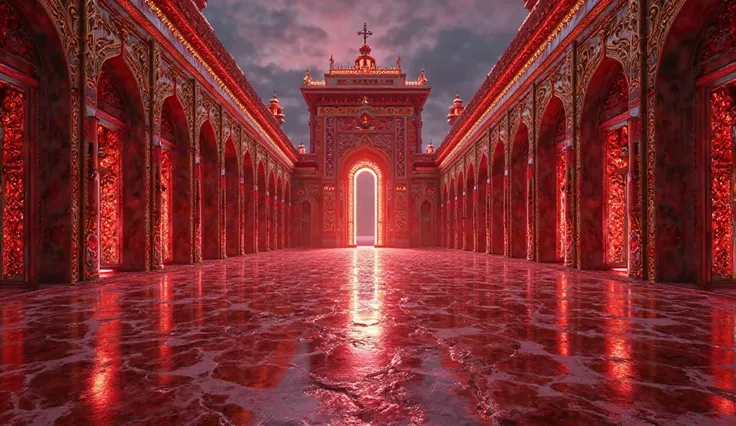 Create a breathtaking and majestic palace made entirely of ruby (yakoot) gemstones. The palace should glow with a deep red hue, reflecting light beautifully from its intricate crystalline surfaces. The architecture should be grand and otherworldly, blendin...