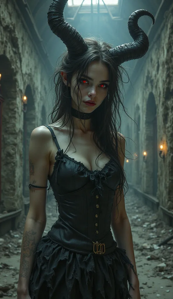 Design a realistic image of a young woman with curved, menacing horns on her head, standing in an abandoned, decaying building. Her expression is a mix of innocence and menace, with blood-red eyes that seem to pierce through the viewer. Her pale skin contr...