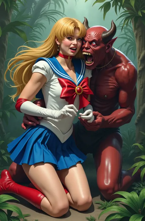 Hyperrealism, masterpiece, highest quality, A young Japanese woman is sitting on the devil lap, ((she is crying and screaming in pain)), painful face, she is wearing a Sailor Moon costume, Blue sailor collar, Blue mini pleated skirt, she is wearing pleated...